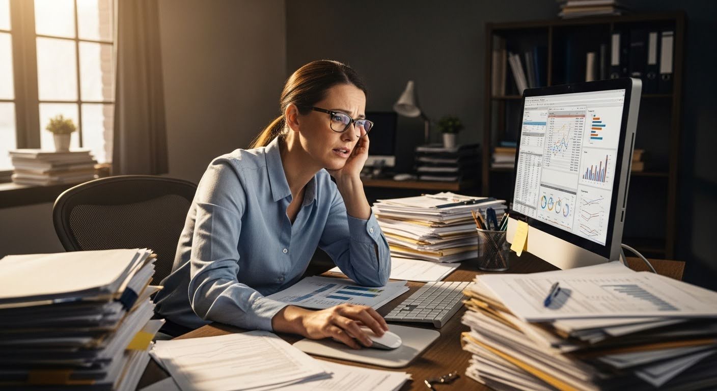 An image of a college administrator manually navigating unconnected data  