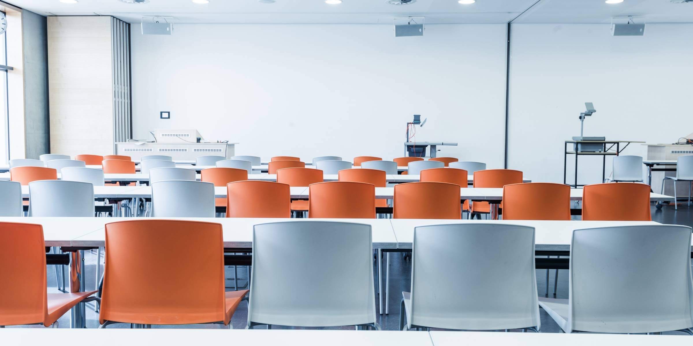 closeup of several chairs in a classroom