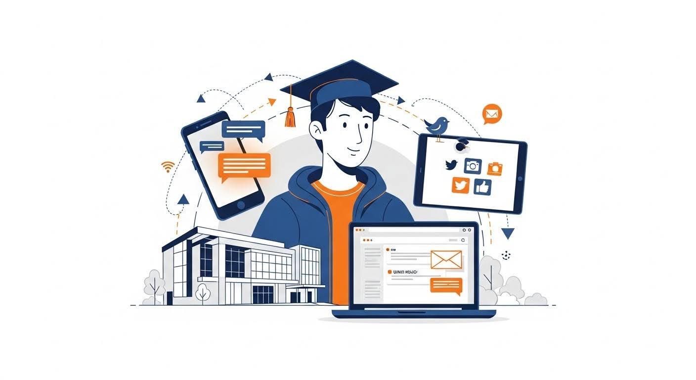 An illustration of a student surrounded by technological tools