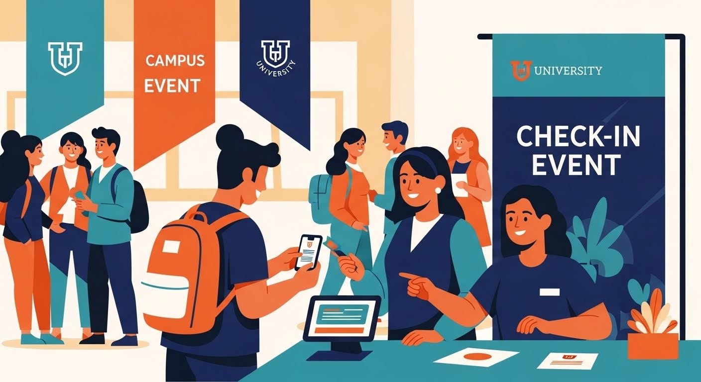 An illustration of a student checking into a campus event