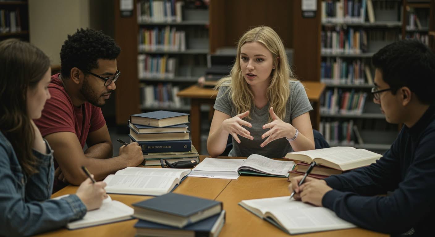 students conversating stock photo