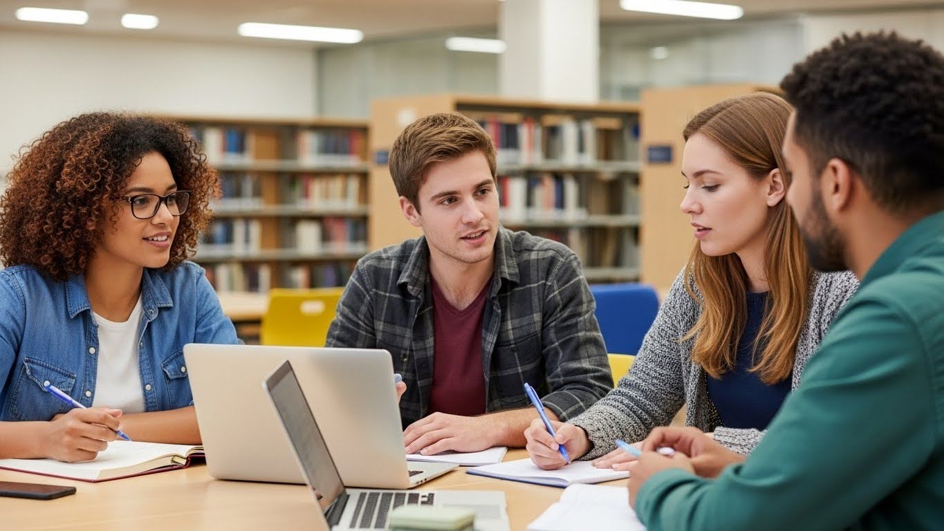students in library