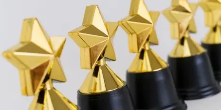 Several trophies placed in a row